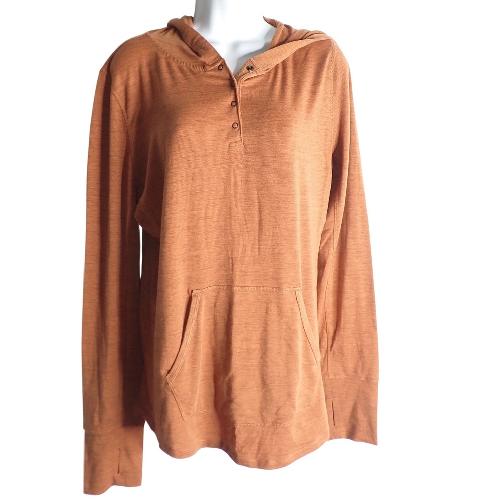 Prana Womens Henley Hoodie Pullover Slub Knit Thumbhole Burnt Orange Size L